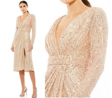 leena Mac Duggal 26555 Size 14 Gold Long Sleeve Sequined Midi Dress NWT Flaws