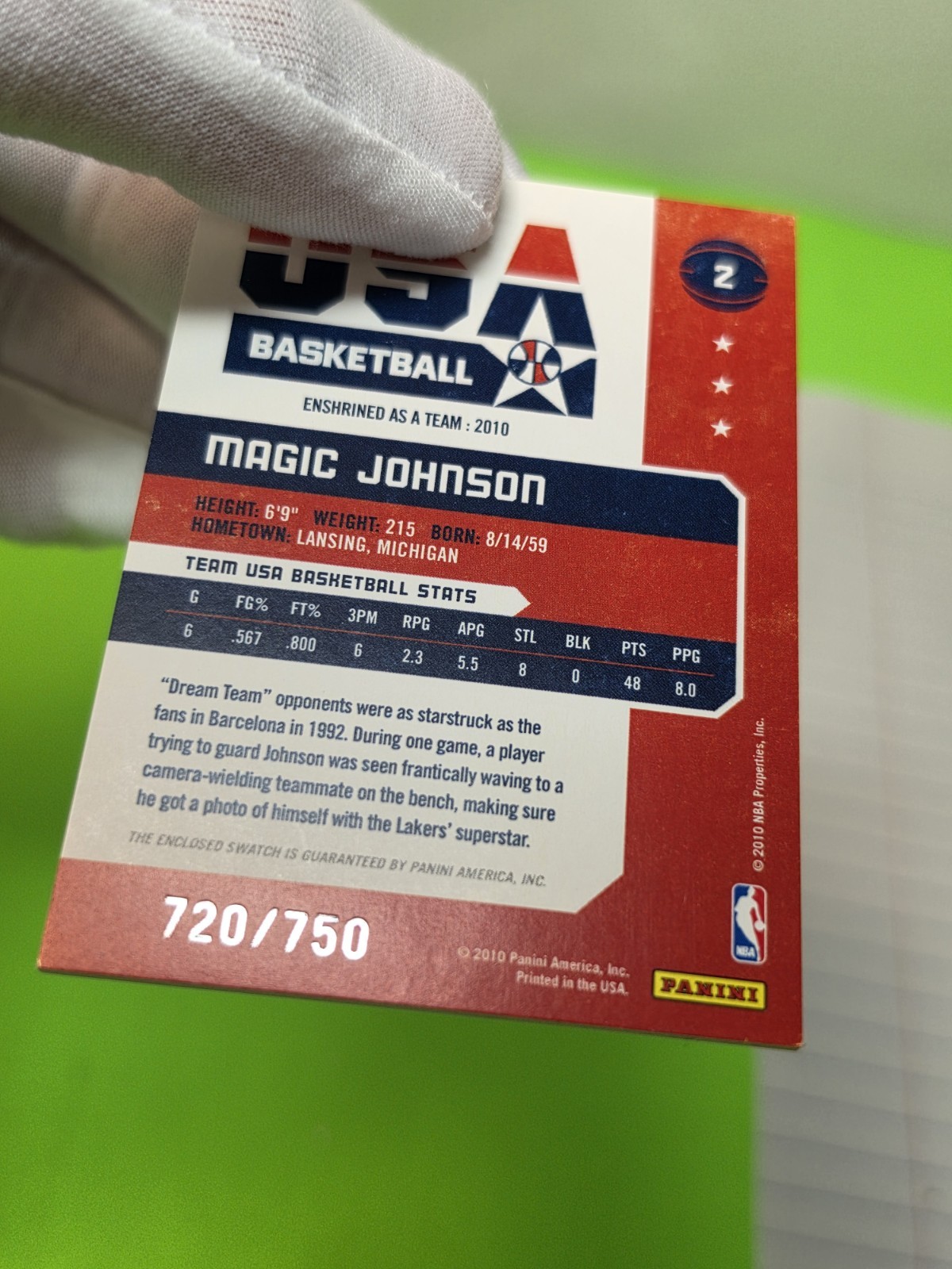 Magic Johnson 2010 Panini USA Dream Team Game Threads Jersey 720/750  view 9