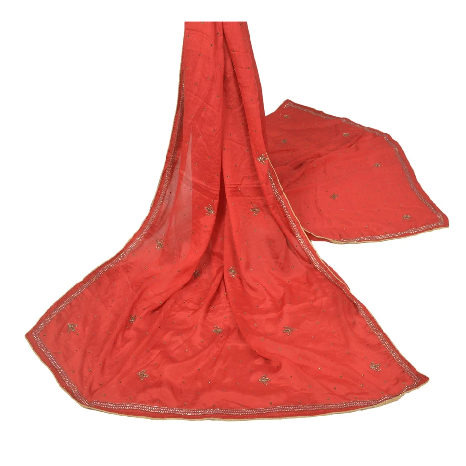 Bufandas de lentejuelas Sanskriti Vintage Dupatta Estola Larga Pura Seda Rojo Velo Cuentas a Mano Foto 4 de 4