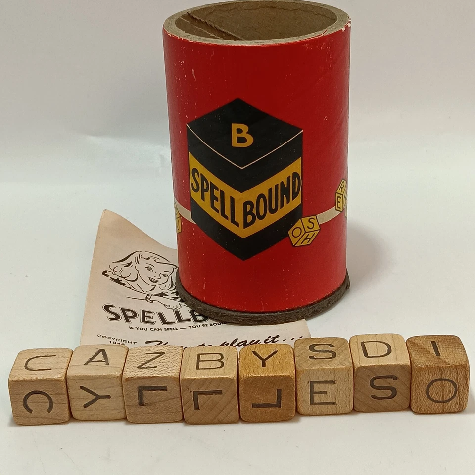 SPELLBOUND Dice Game Shaker Cup 8 Wood Letter Dice Instructions 1940s Vintage - Image 2 of 4