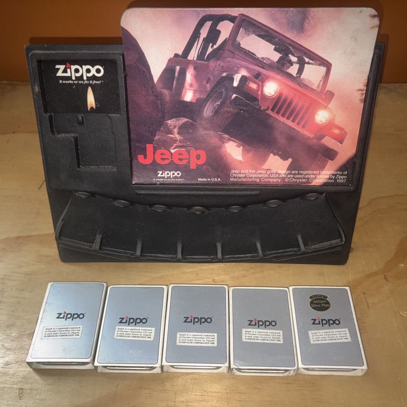 Jeep Vintage Antique Zippo Lighter Collection Set With Display & 5 Lighters 1997
