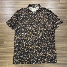 NWT John Varvatos Linen Shirt Banded Collar Mens Large Short Sleeve Cheetah