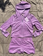 JUICY COUTURE Velour Bling Set Large Hoodie Shorts Lavender Pink Y2K Old Money