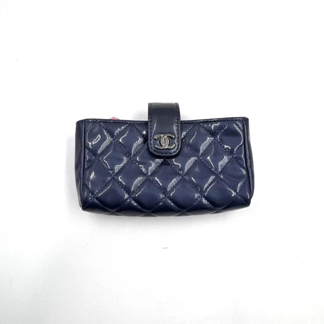 11.05 002 Chanel Blue Quilted Patent Leather CC Phone Holder Pouch