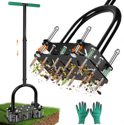 Adjustable Lawn Aerator Tool with Rebound Spring   16 Sharp Metal Spikes Soil Ae