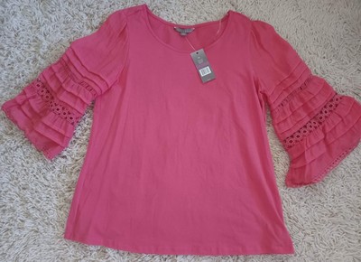 Sharagano Maui Rose Pink Ruffle Sleeve Top NWT $58 Women M Crochet Bell Sleeves