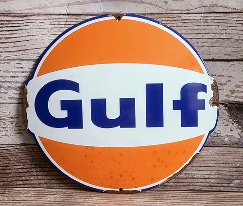 Large Vintage GULF Porcelain Metal Gas Pump Plate Sign