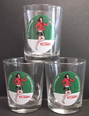 GREECE 3 Shot Glasses OUZO EPOM of Mytilene with Picturesque Illustration GIRL !