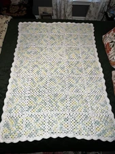 Handmade Crochet Baby Blanket / Throw ~ Pastel Green  /  Yellow / White
