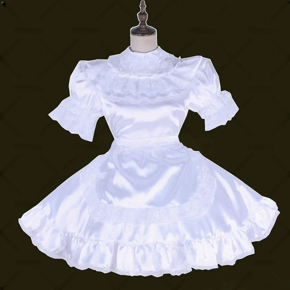 Vestido de criada francesa Sissy blanco satinado bloqueable disfraces de disfraces hechos a medida Foto 2 de 4
