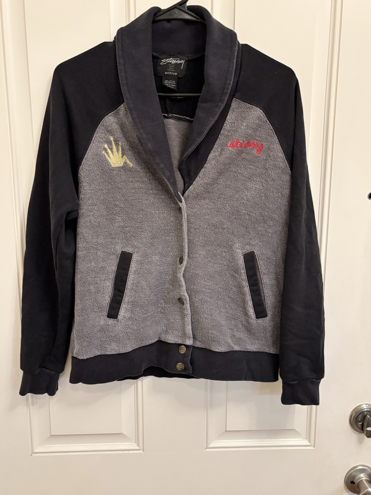 Stussy Womens Varsity Jacket Small Bomber Letterman Grey  Embroidered 1009