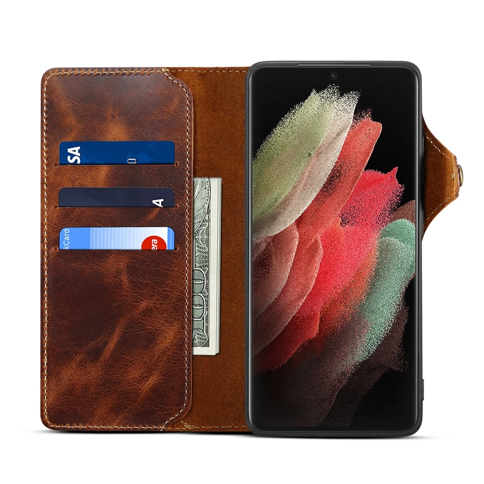 For Samsung S25 Ultra S24 S23 Magnetic Retro PU Leather Wallet Card Strap Case - Image 3 of 4