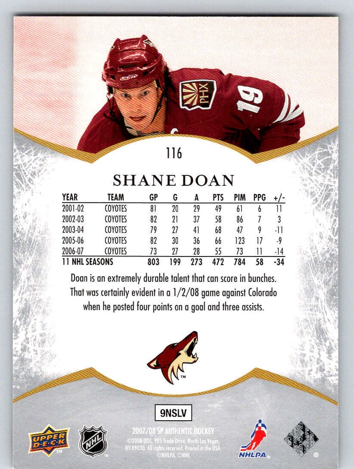 2007-08 SP Authentic #116 Shane Doan NOT 1999 (ref 192913) - Image 2 of 2