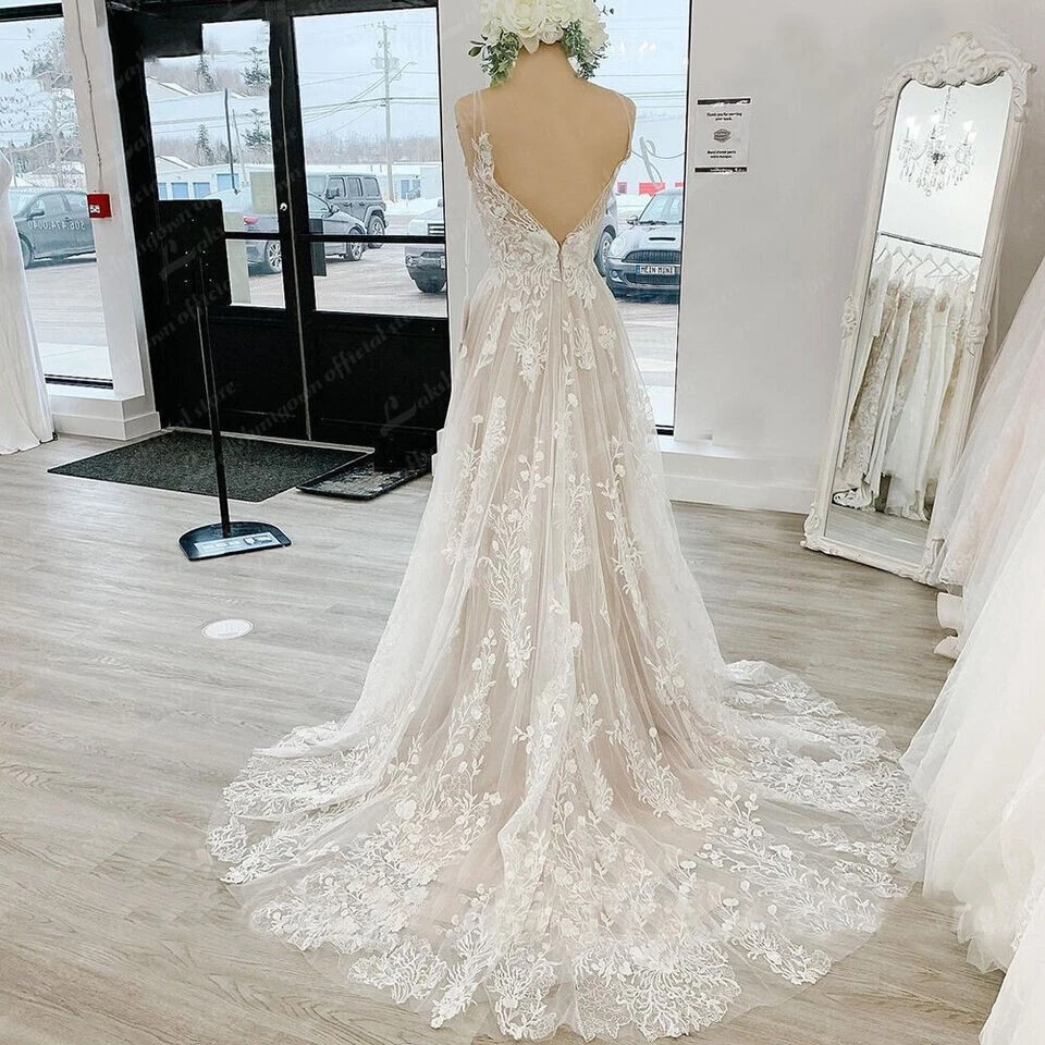 OFF WHITE Eleganti abiti da sposa da spiaggia linea A applique in pizzo collo a V abiti da sposa senza schienale