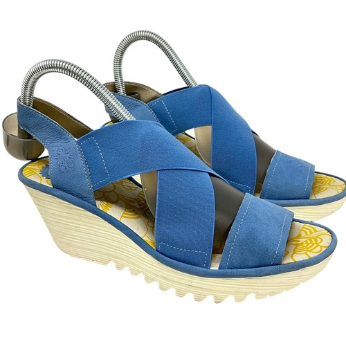 Fly London Yaji Damenschuhe Keilabsatz-Sandalen blau US-Größe 8,5 Riemchen offene Zehenpartie