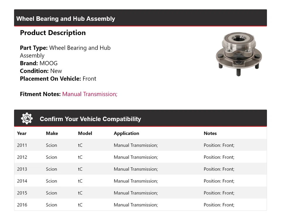 Conjunto de cojinete de rueda y buje delantero MOOG 2011 2012 2013 para Scion tC 2011-2016 Foto 2 de 4