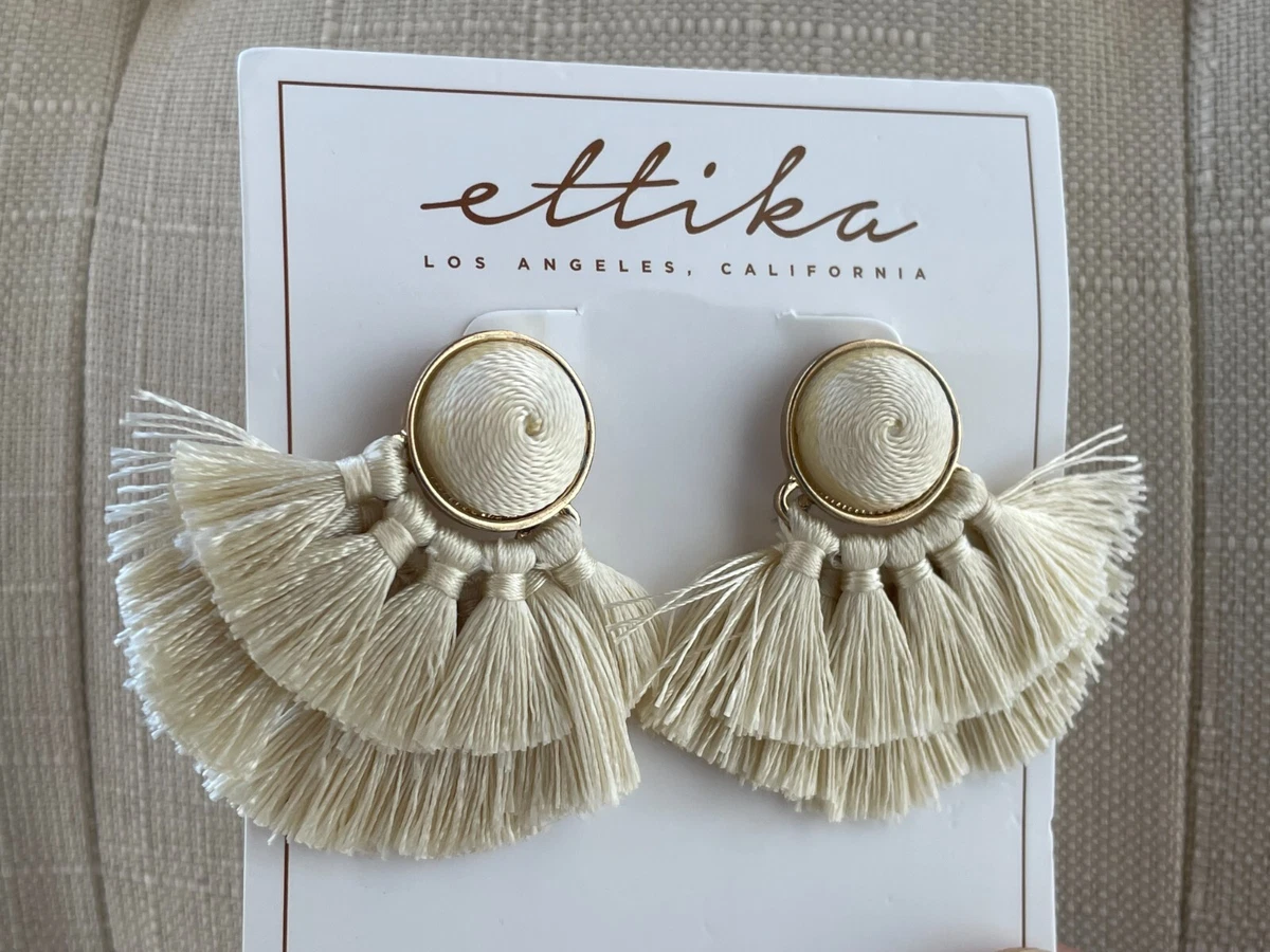 Ettika Earrings Gold Plated Cone Tan ToneTassel Statement Post Ear