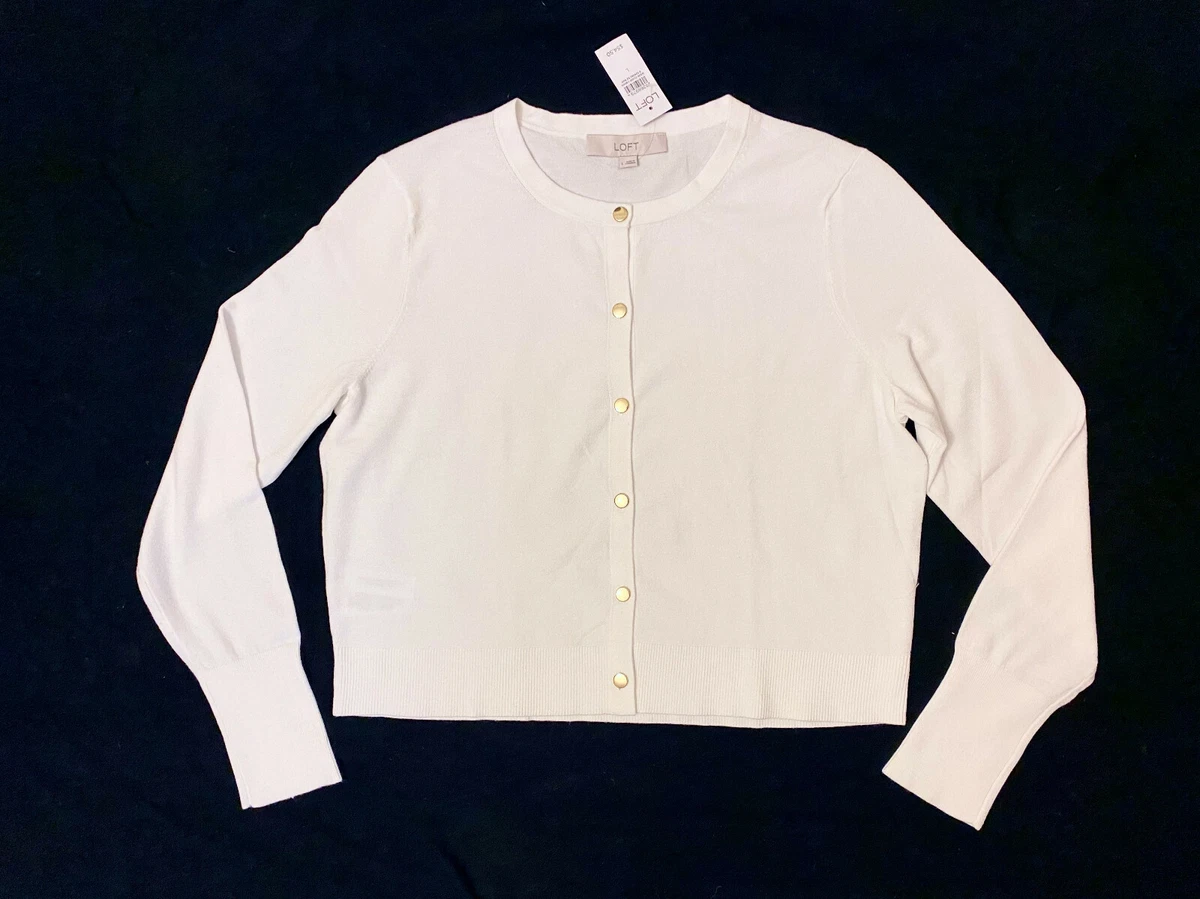 NWT Loft Women s White Round Neck Button Front Cropped Cardigan