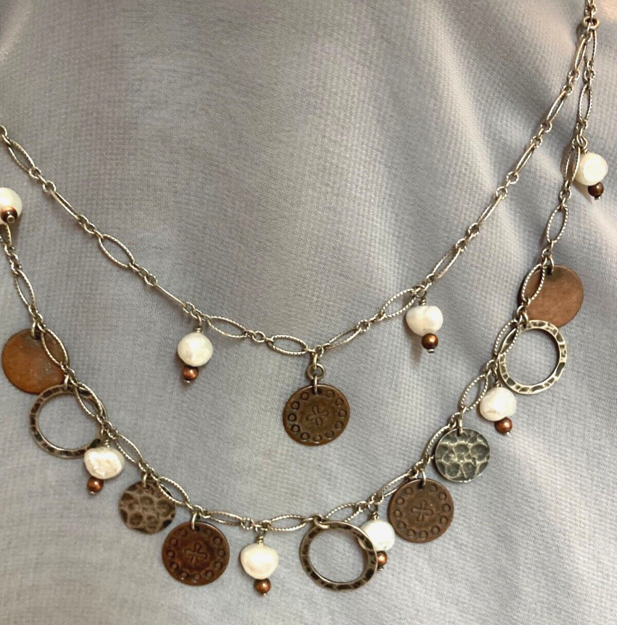 Oxidized 2-Tier Pearl & Copper Coin Necklace with S/S Accents N1567-image