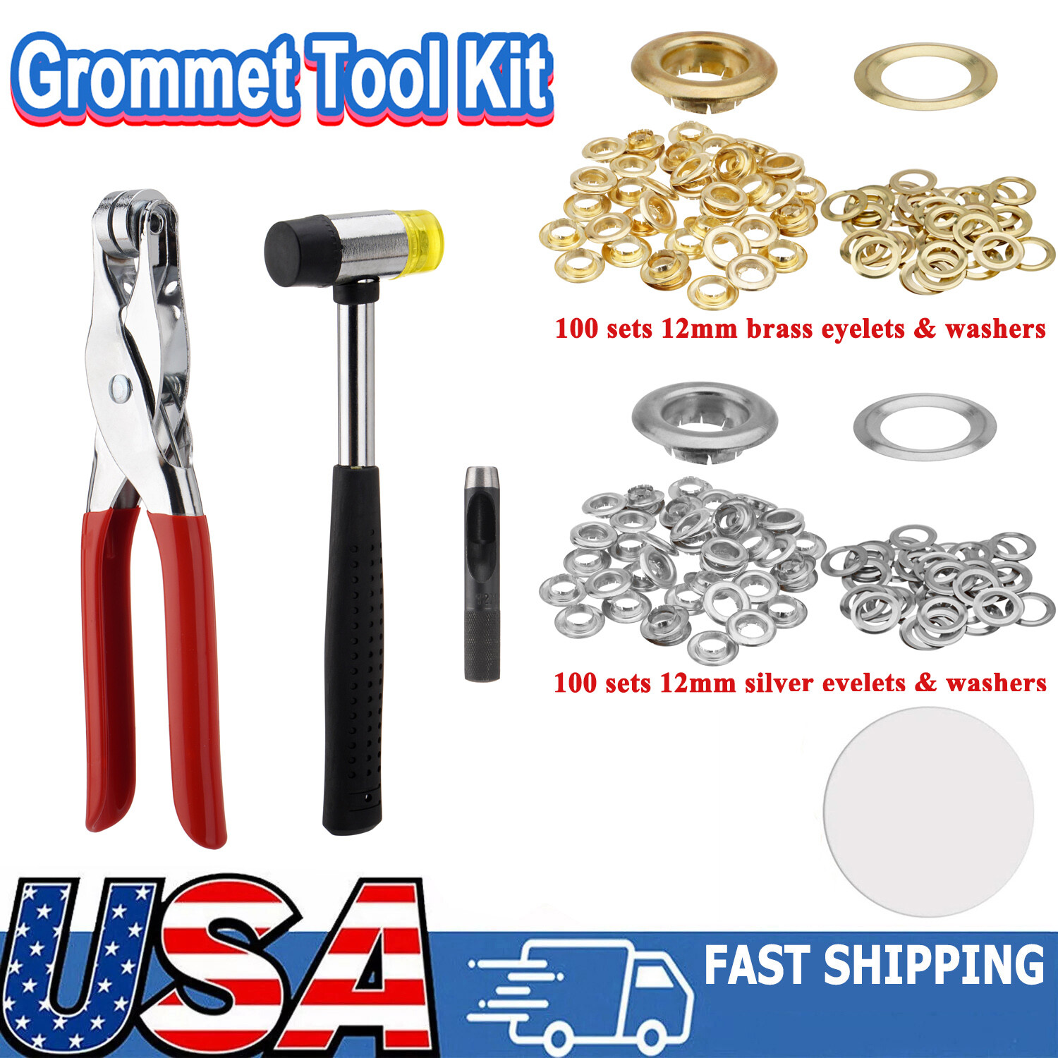 Grommet Tool Kit, Handheld Hole Punch Pliers, Hammer, Hole Punch, 200PCS Eyelets