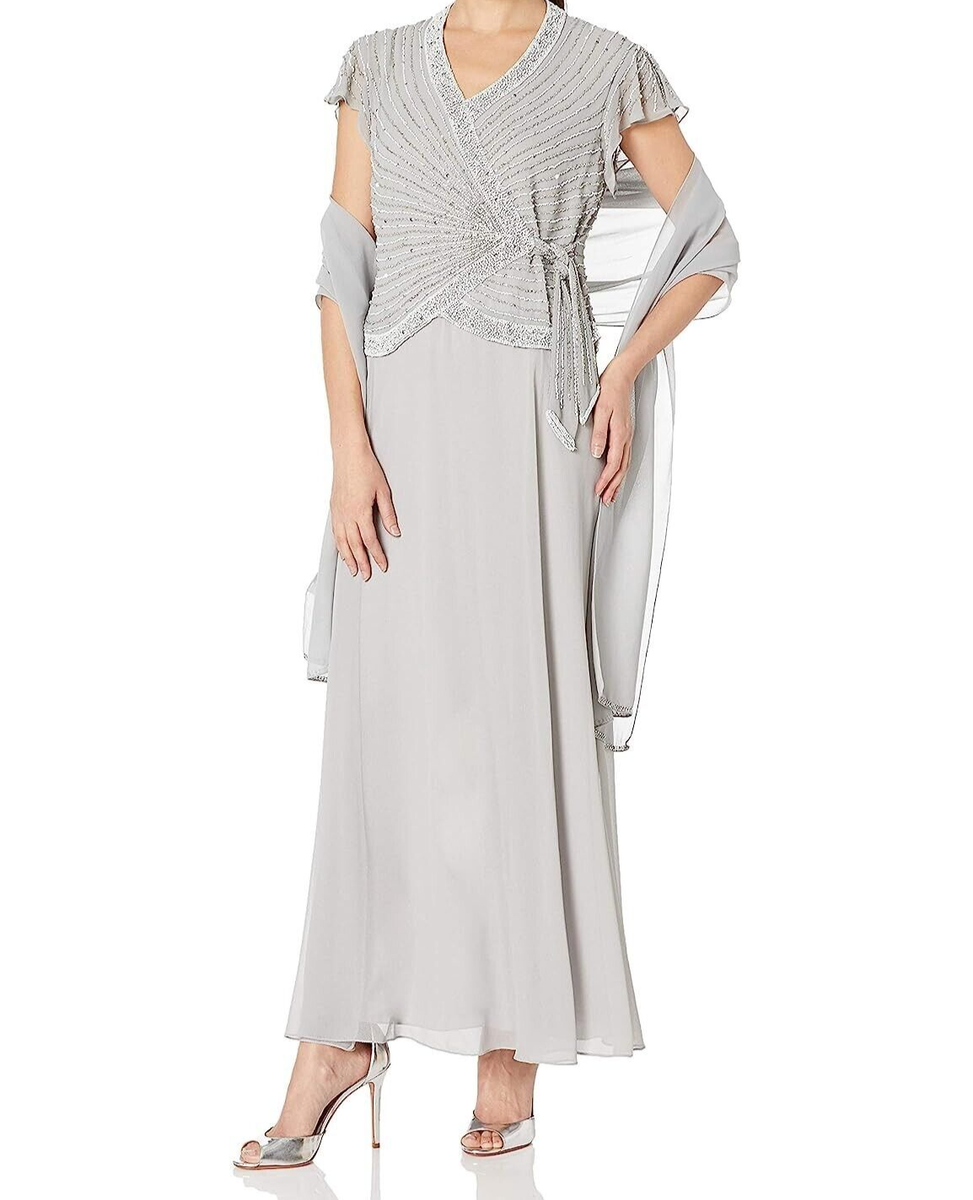 J Kara dress Women's Petite Short Flutter Sleeve V-Neck Long Beaded 6P