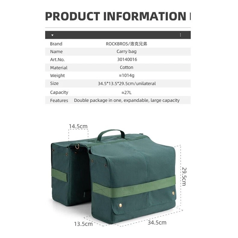 ROCKBROS Alforjas para Bicicleta, 27LRear Rack Expandible Doble Bicicleta Bolsa Maletero De Colección Foto 4 de 4