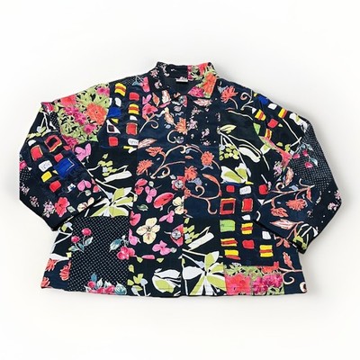 Mohito Womens Top Jacket XL Blouse Black Colorful Patchwork Long Sleeve Floral