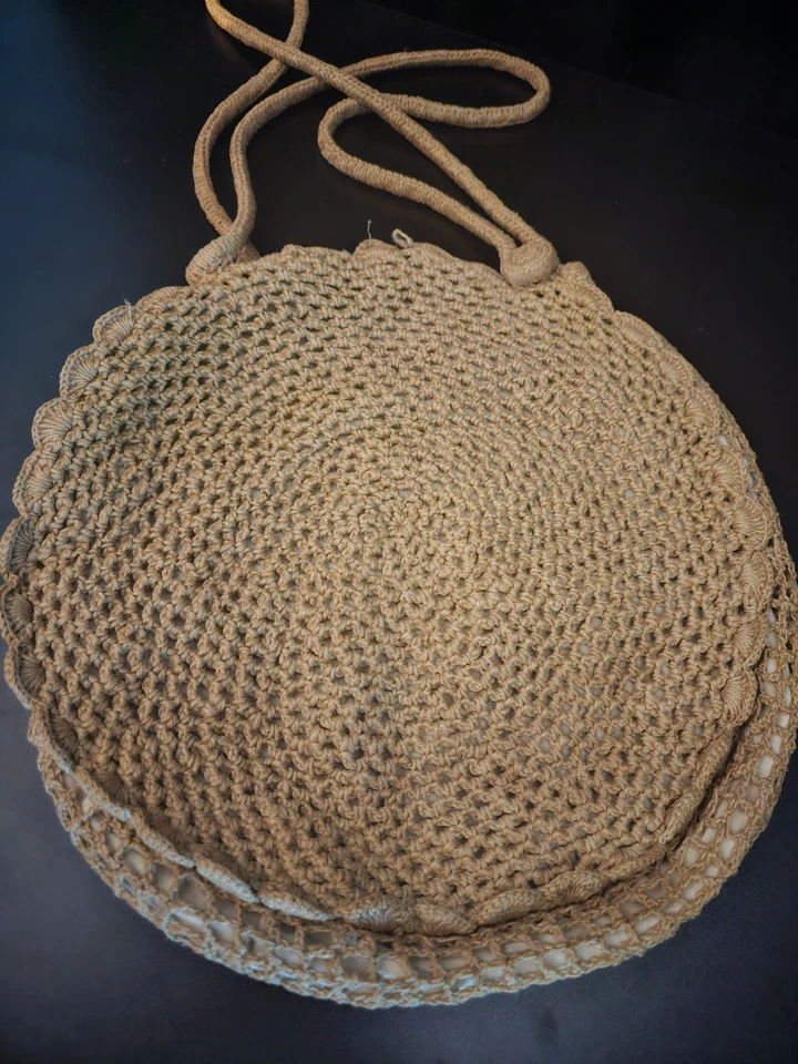 Bolso de Mano Vintage Años 30 Roseta Redonda Macramé Natural Crochet Monedero Rosa Remolino Foto 4 de 4