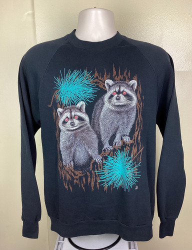 Vintage 1987 Raccoons Raglan Crewneck Sweatshirt Black M/L 80s LSJ Nature