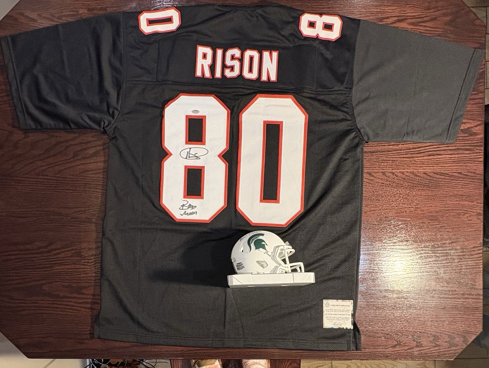 Andre Rison Autographed Signed Atlanta Falcans , Michigan State Mini Helmet& Falcons Jersey, JSA Auth 