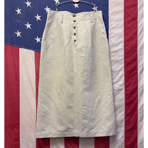 Vintage 90s TERRA LUNA High Waist Linen Paper Bag Pencil Modest Midi Skirt Sz L
