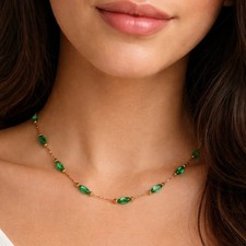 Iridescent Green Crystal Necklace with Gold Beads  Chain - Lobster Clasp