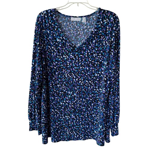 Susan Graver Gr. 2X Stretch Strick V-Ausschnitt blau gesprenkelt Pullover Bluse