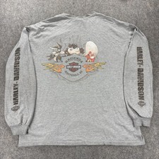 Vintage Harley Davidson Shirt Long Sleeve Looney Tunes Taz Mens XL Gray Flames