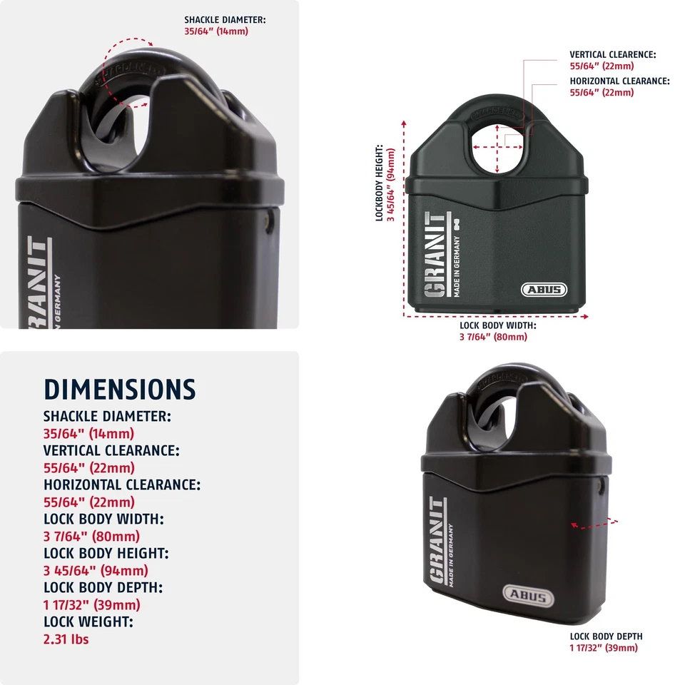 Granit 37/80 Heavy Duty Hardened Steel Padlock - Closed Shackle Lock with 1/2... - Image 3 of 4