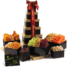 NUT CRAVINGS Christmas Mixed Nuts Black Tower Gift Basket, 12 Assortments