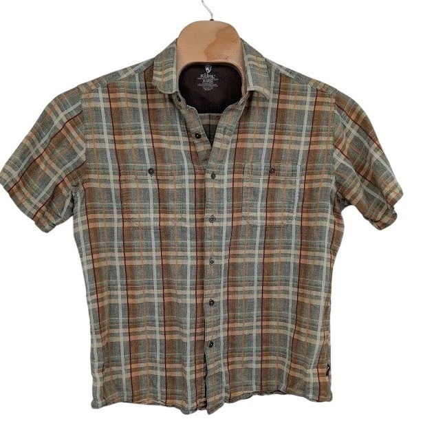 Kuhl Plaid Linen Cotton Short Sleeve Button Up Shirt Men's XL Outdoor Hiking