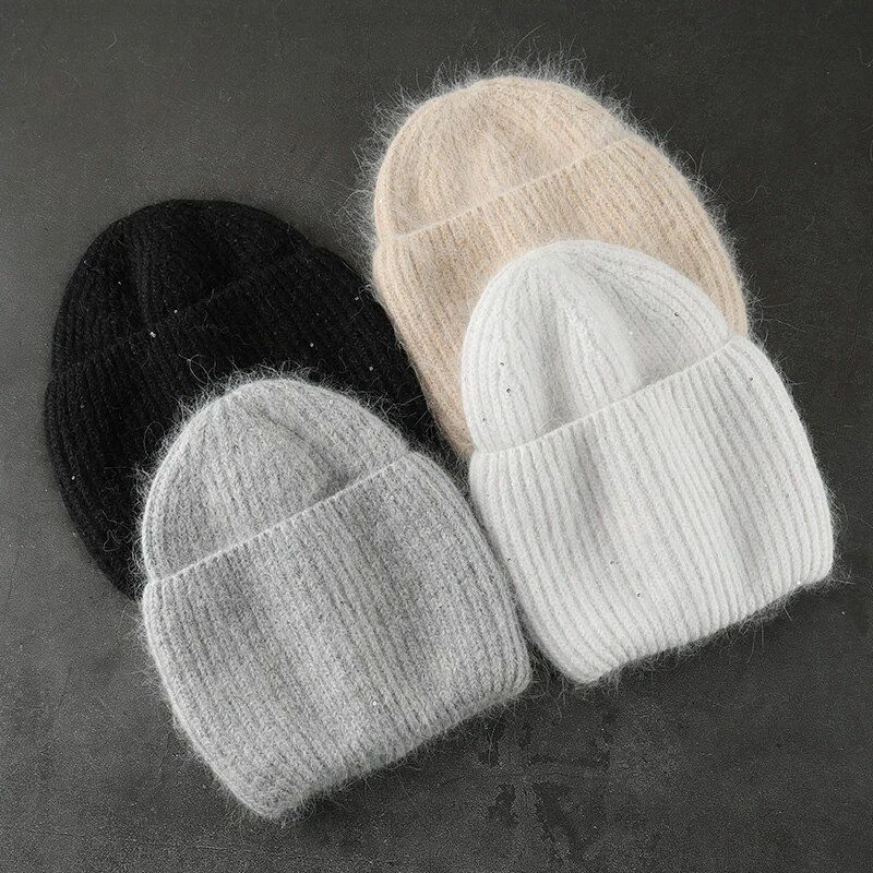 Gorros de piel de conejo de invierno de 1 pieza con lentejuelas de punto gorros de cachemir para mujer Prendas para la cabeza Ac Foto 2 de 4