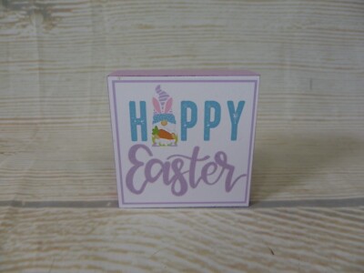 New! ''Happy Easter'' Bunny Gnome Wood Block Sign Tray Decor Glitter Carrot 3''  ~