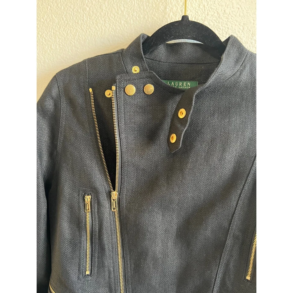 Lauren Ralph Lauren 100 % Linen moto biker jacket black with gold hardware sz 8 - Image 2 of 4
