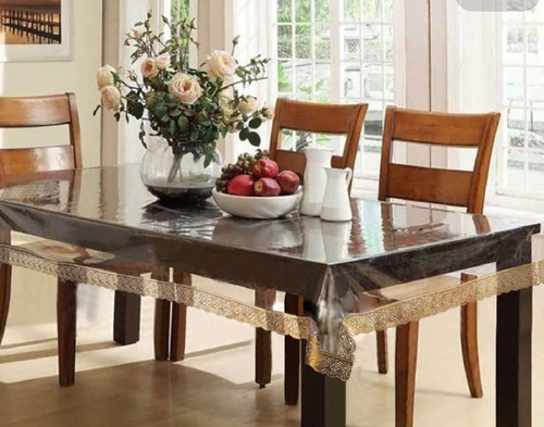 Transparent Dining Table Cover With Golden Lace For Home Decoration