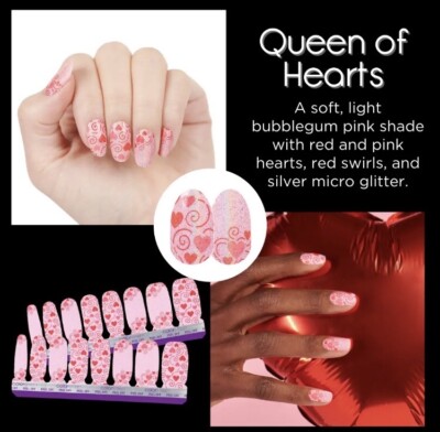 Color Street QUEEN OF HEARTS 100% nail polish strips Pink Glitter w/ Red Hearts