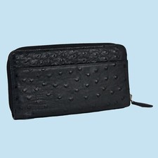 Genuine Ostrich Skin Black Leather Zip Around Long Wallet Purse Used Vintage