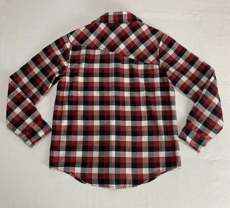 Camisa Shaun branca masculina botão para baixo tamanho M 6-7 xadrez vermelha manga longa gola alta - Imagem 3 de 4