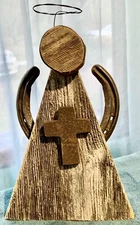 NICE PRIMITIVE BARNWOOD ANGEL! CHRISTMAS DECOR OR YEAR ROUND HORSE SHOE WINGS #2