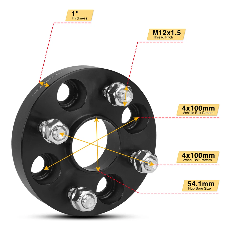 4 piezas espaciador de rueda de 1" 4x100 a 4x100 M12x1,5 tacos 54,1 mm para Ford Toyota Mazda Foto 2 de 4