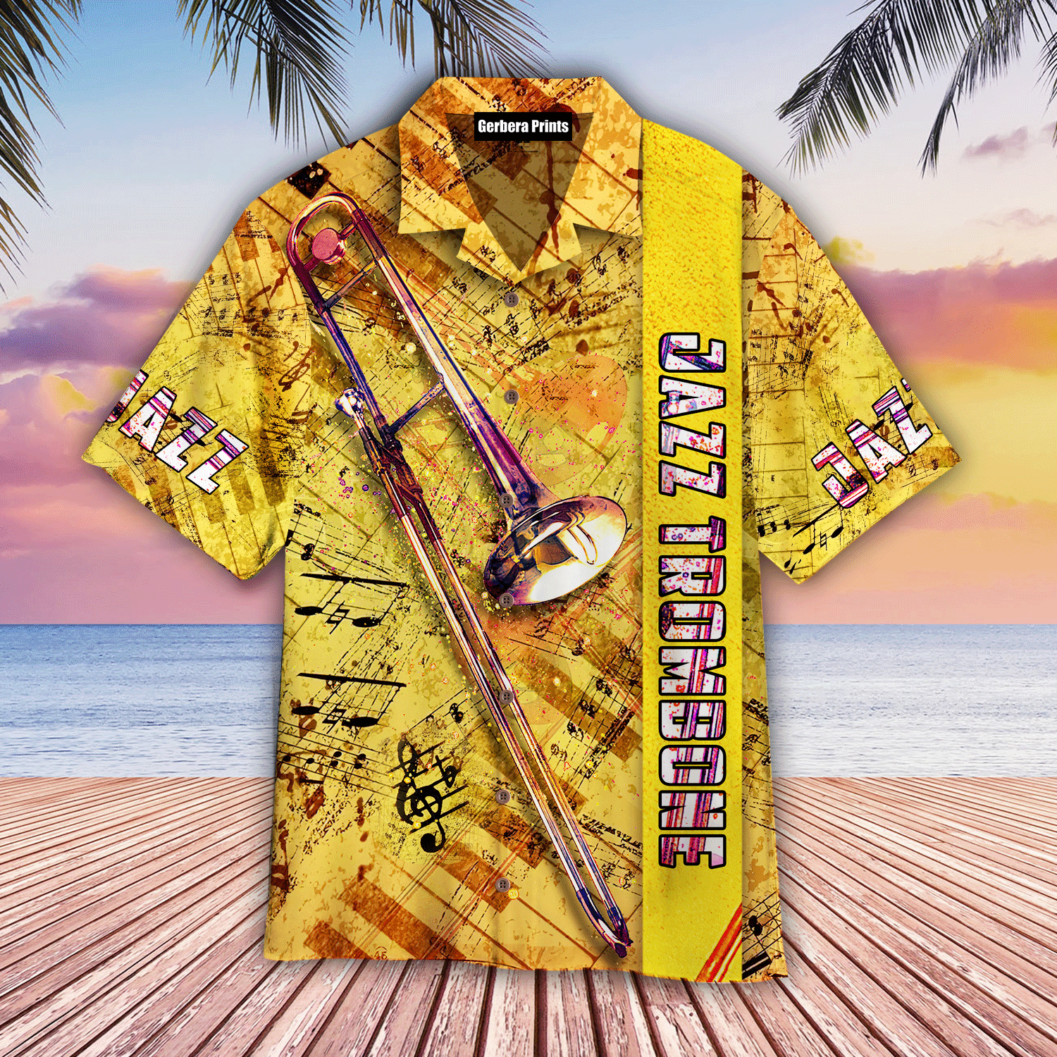 Jazz Trombone Yellow Aloha Hawaiian Shirts For Men Women