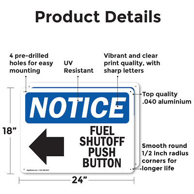 (2 Pack) Fuel Shutoff Push Button [Left Arrow] OSHA Notice Sign Decal Metal