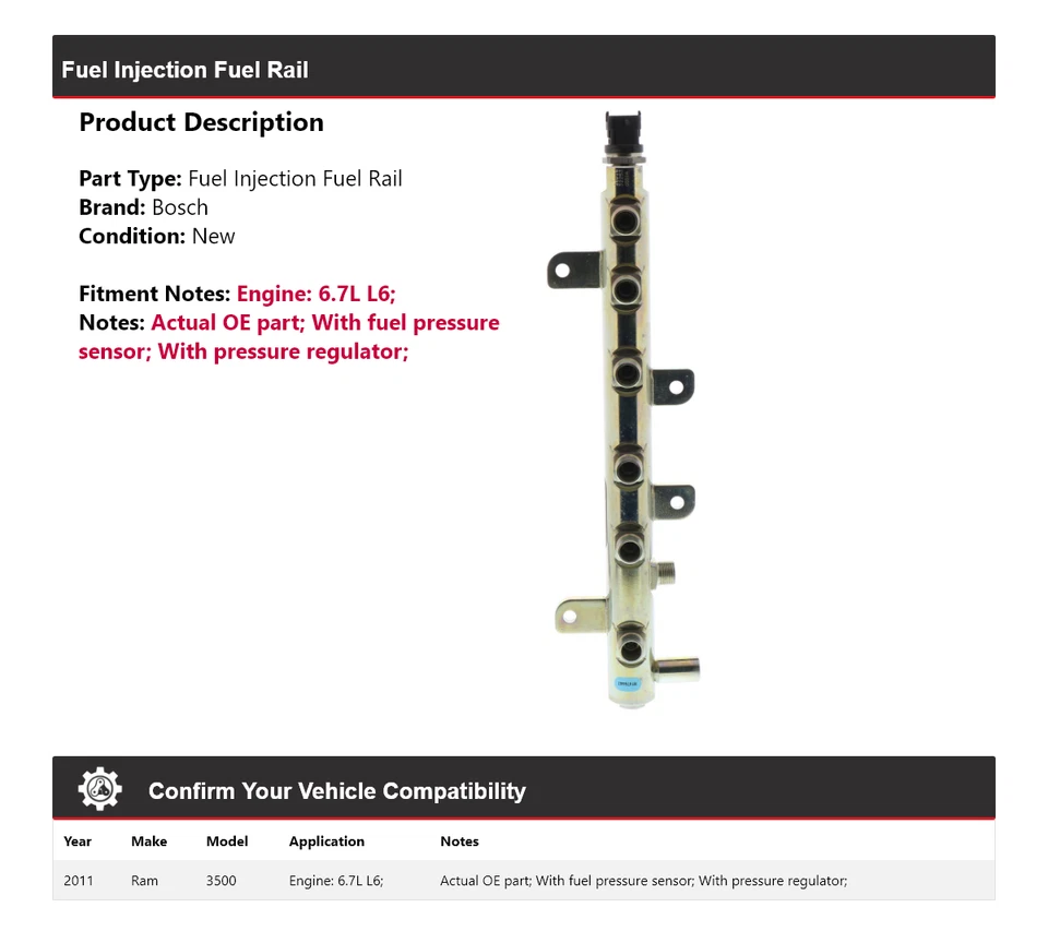 Ram 3500 2011 6,7 L L6 Bosch riel de combustible de inyección de combustible Foto 2 de 4