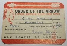 Boy Scout OA Membership Card - Lodge 58 Ah-Pace Pennsylvania 1964  RC6